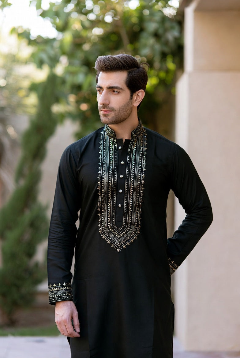 Midnight Black with Gold Embroidered Shalwar Kameez – Luxury Formal Wear