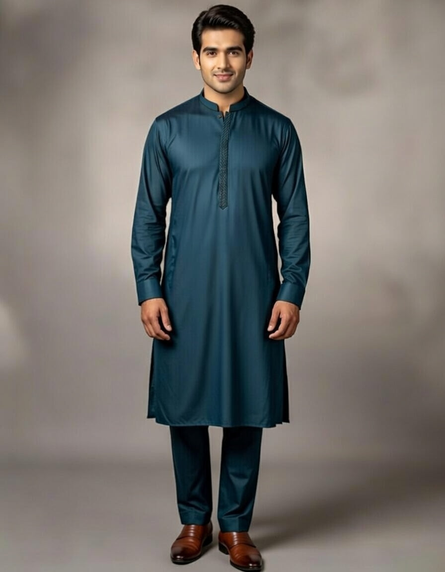 Man wearing a teal kurta with brown shoes on a gray background