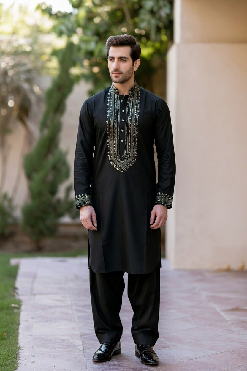 Midnight Black with Gold Embroidered Shalwar Kameez – Luxury Formal Wear
