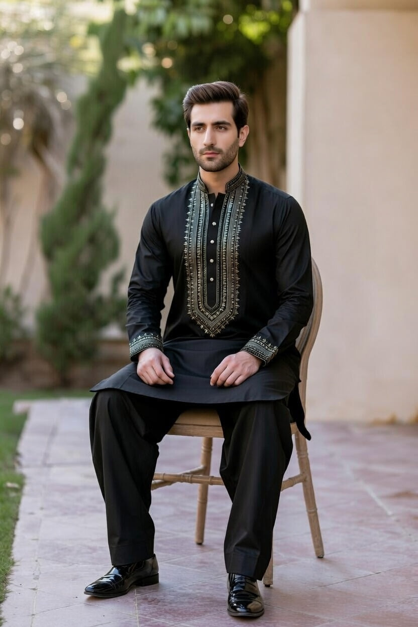 Midnight Black with Gold Embroidered Shalwar Kameez – Luxury Formal Wear