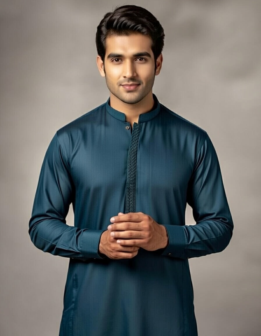 Man wearing a teal kurta against a neutral background