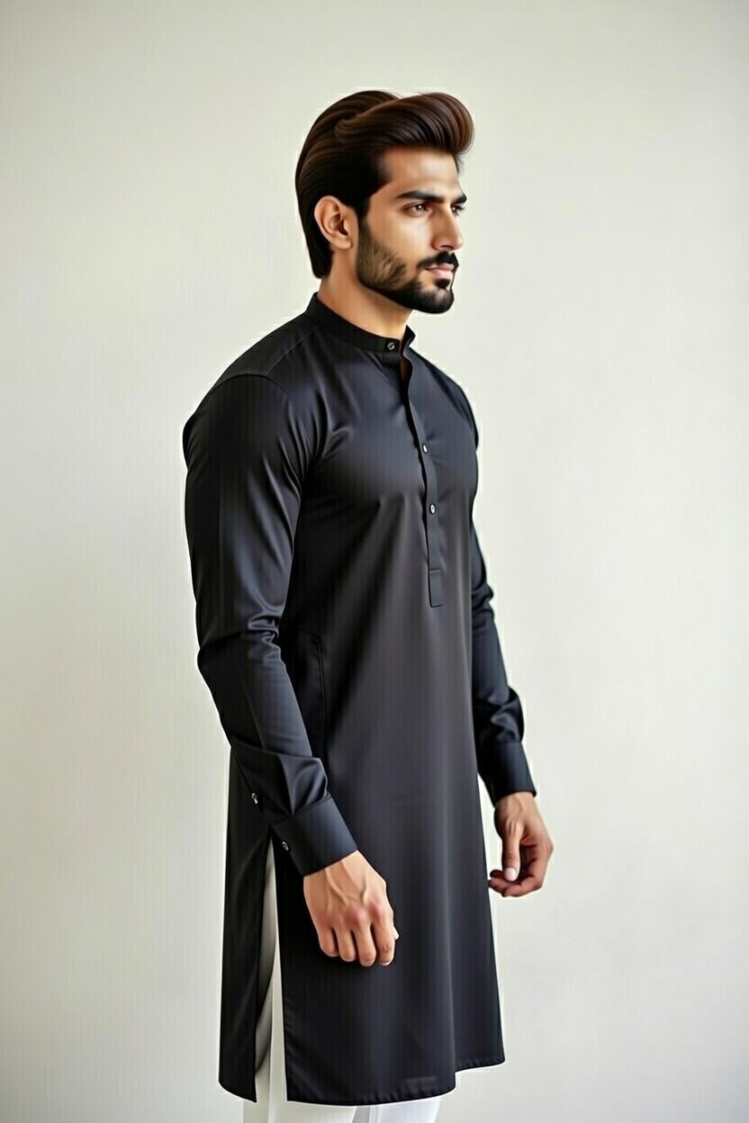 Man wearing a black kurta against a plain background