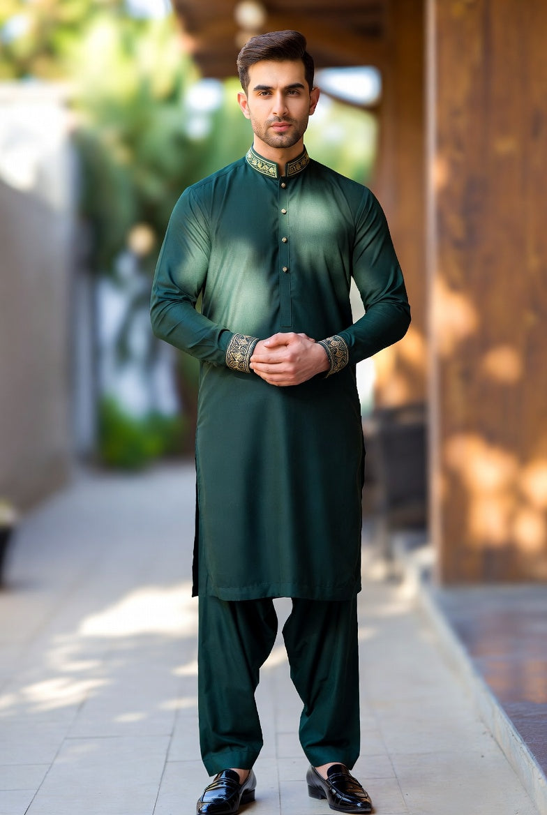 Deep Forest Green Embroidered Shalwar Kameez – Timeless Occasion Outfit