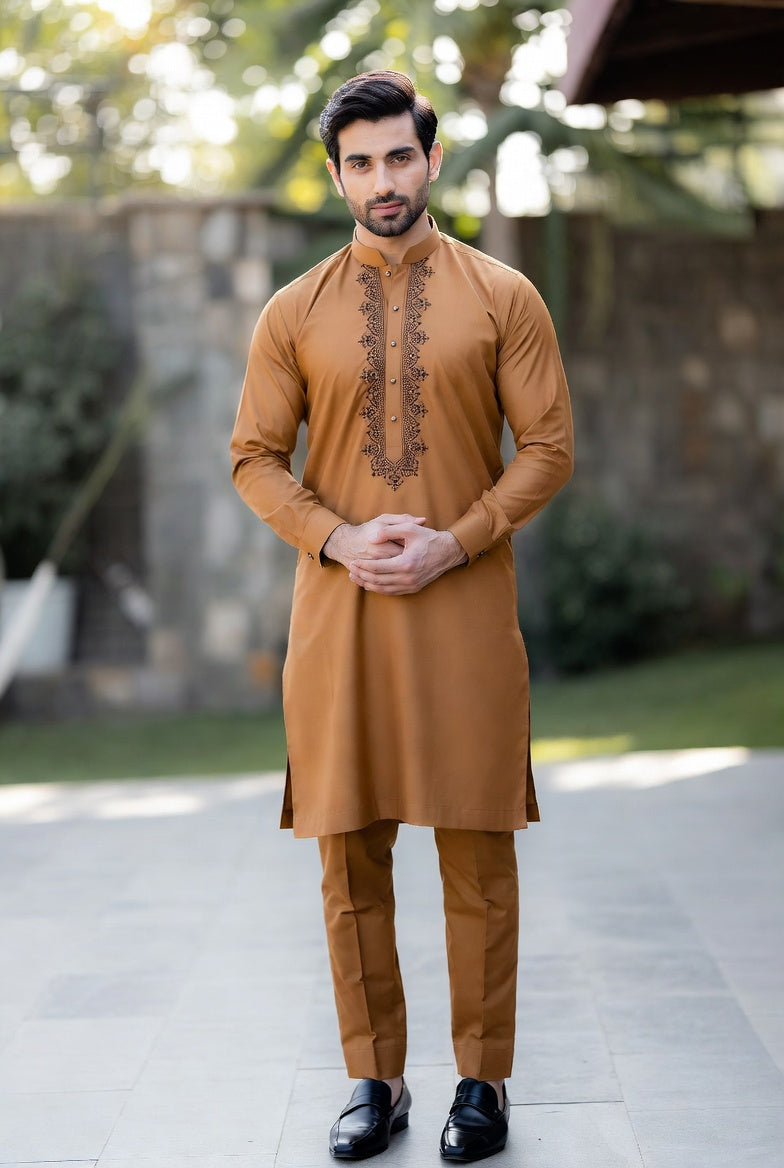Man wearing a brown kurta with embroidery standing outdoors.