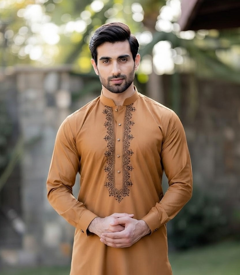 Man wearing a brown kurta with intricate designs outdoors