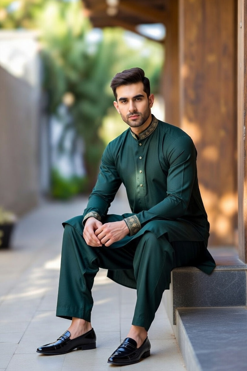 Deep Forest Green Embroidered Shalwar Kameez – Timeless Occasion Outfit