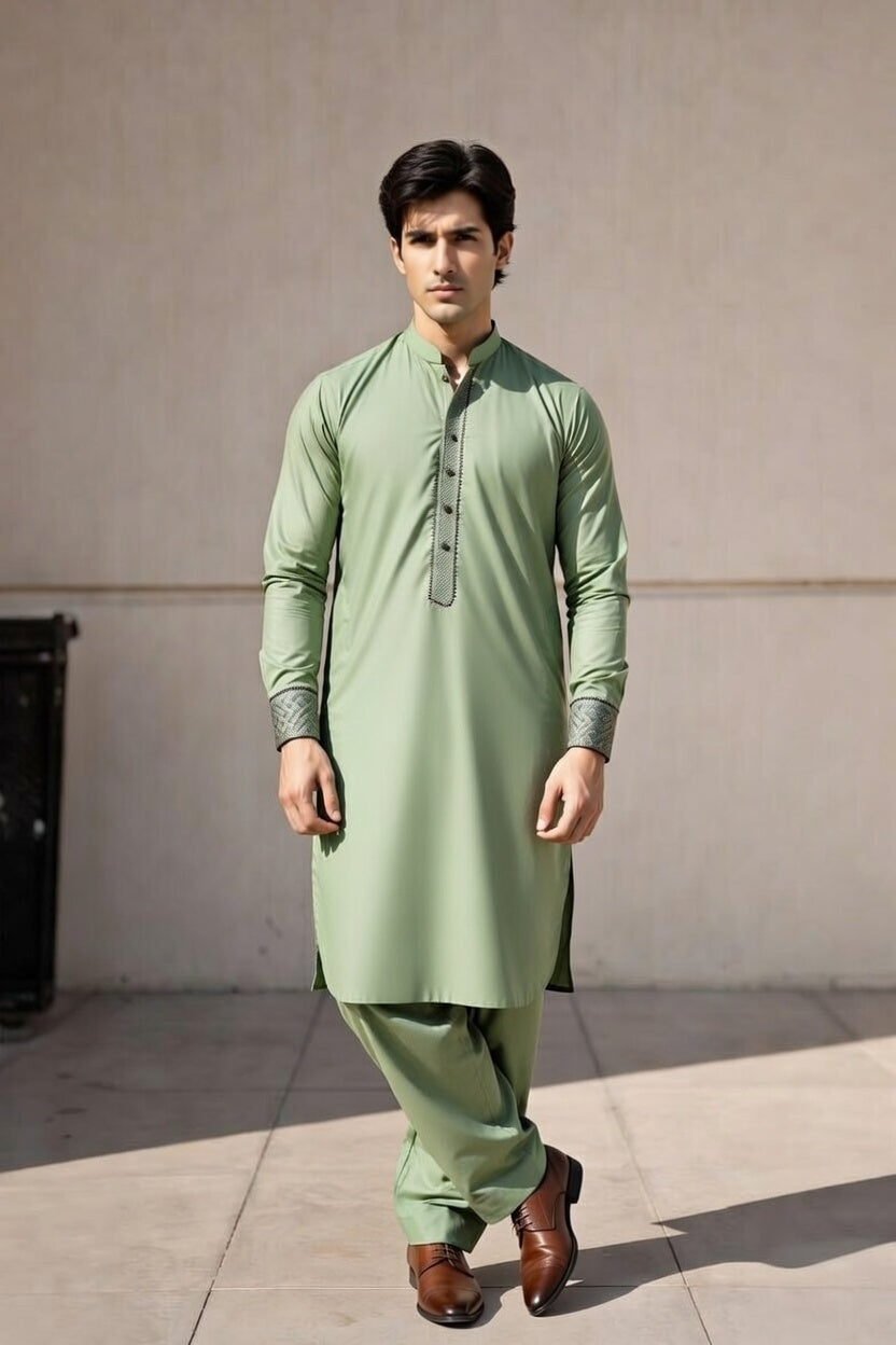 Ivory Green Embroidered Shalwar Kameez – Luxury Formal Wear